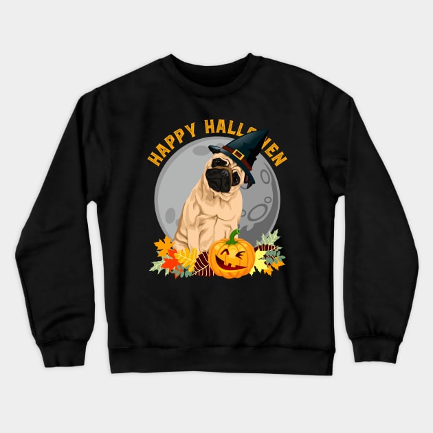Happy Halloween Pug Dog and Pumpkin Crewneck Sweatshirt by RadStar